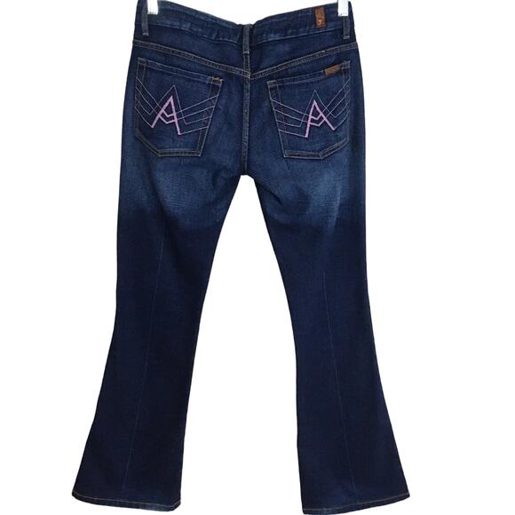 7 For All Mankind Dark Blue Flare Jeans with Pink Stitching - Picture 1 of 12